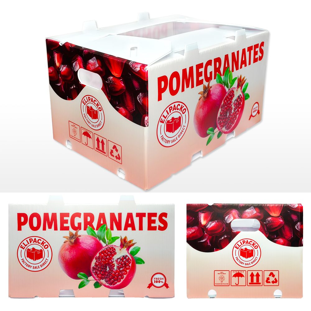 Pomegranate in a plastic produce crate