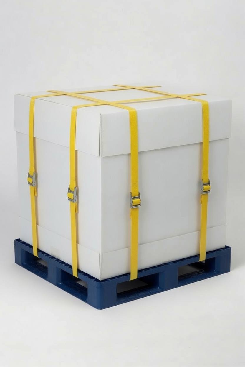 PP gaylord box on plastic pallet strapped for shipment — Elipacko USA